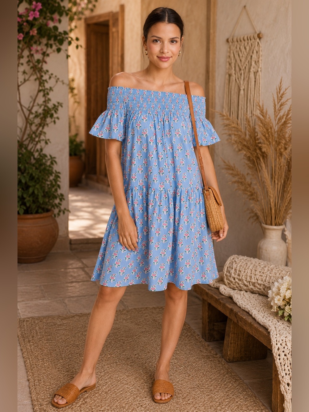 Marea Louise Shortie Dress Blue Floral Boho Size L 🌸 MSRP $158
